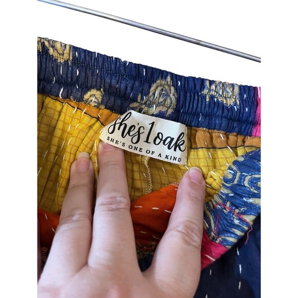 She's 1 OAK Boho Kantha Patchwork Wide-Leg Pants Multicolor Elastic Waist O/S - Picture 3 of 3